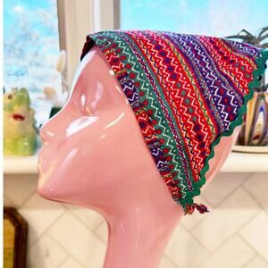 Vintage Handmade Multicolor Graphic Ric Rac Head Scarf / bandanna Style Tie Cap